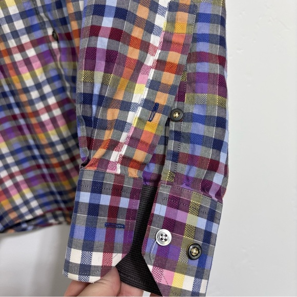 Visconti Black Men's Large Dress Shirt Plaid Check Colorful Multicolor BUTTONS - Picture 4 of 10